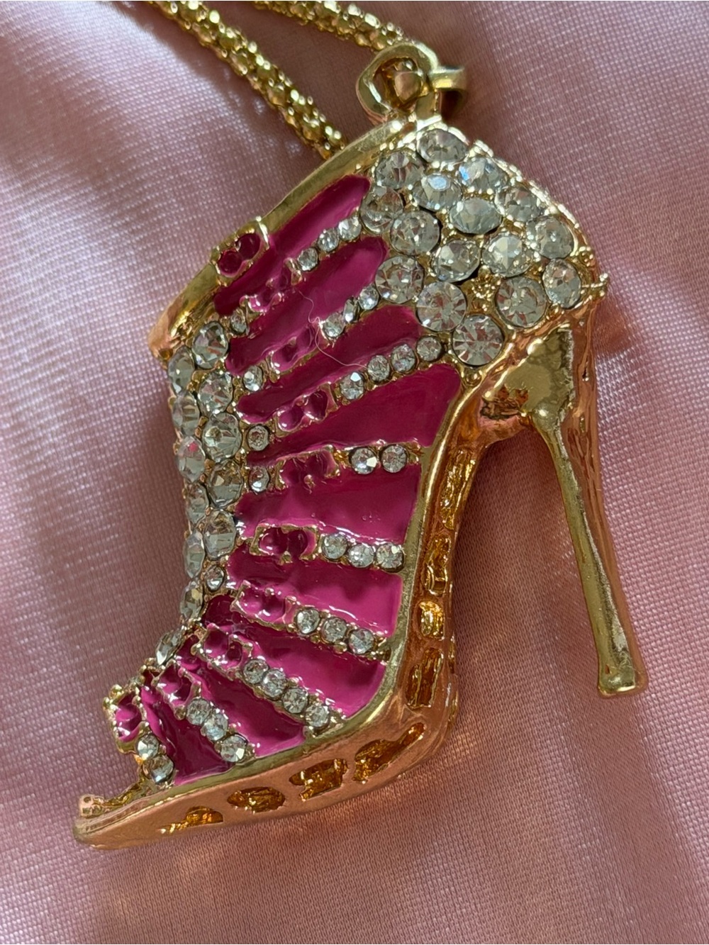 Sexy Pink Crystal Stiletto High Heel Necklace Pendant - Gold Accent